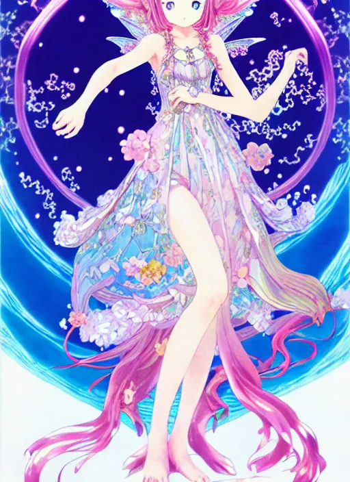 Image similar to exquisite imaginative manga poster of a fairy princess, fate grand order, long wavy hair, rococo ruffles dress, shimmering, by shigenori soejima, minaba hideo, katsuhiro otomo, jump comics, illustration, artstation, pixiv, dark fantastic, highly detailed, 8 k, fluorescent, fluorescent, maximalist