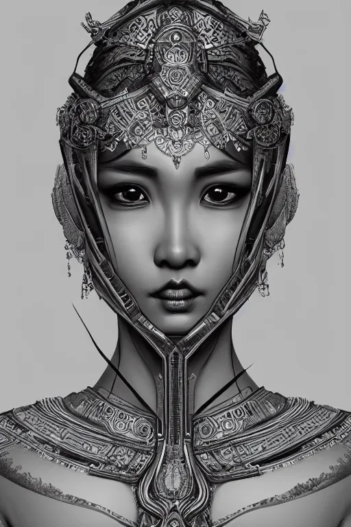 Image similar to a portrait of an asian goddess, detailed, realistic eyes, symmetry features proportions, intricate facial details, cybertech wear, award winning, trending in cgsociety artstation deviant art