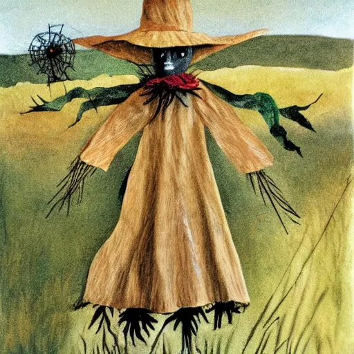 Prompt: a scarecrow in a field in the style of andrew wyeth