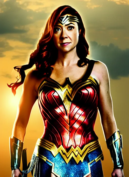 Prompt: Alyson Hannigan as Wonder Woman, movie Still, 4k, cinematic lighting, golden hour,
