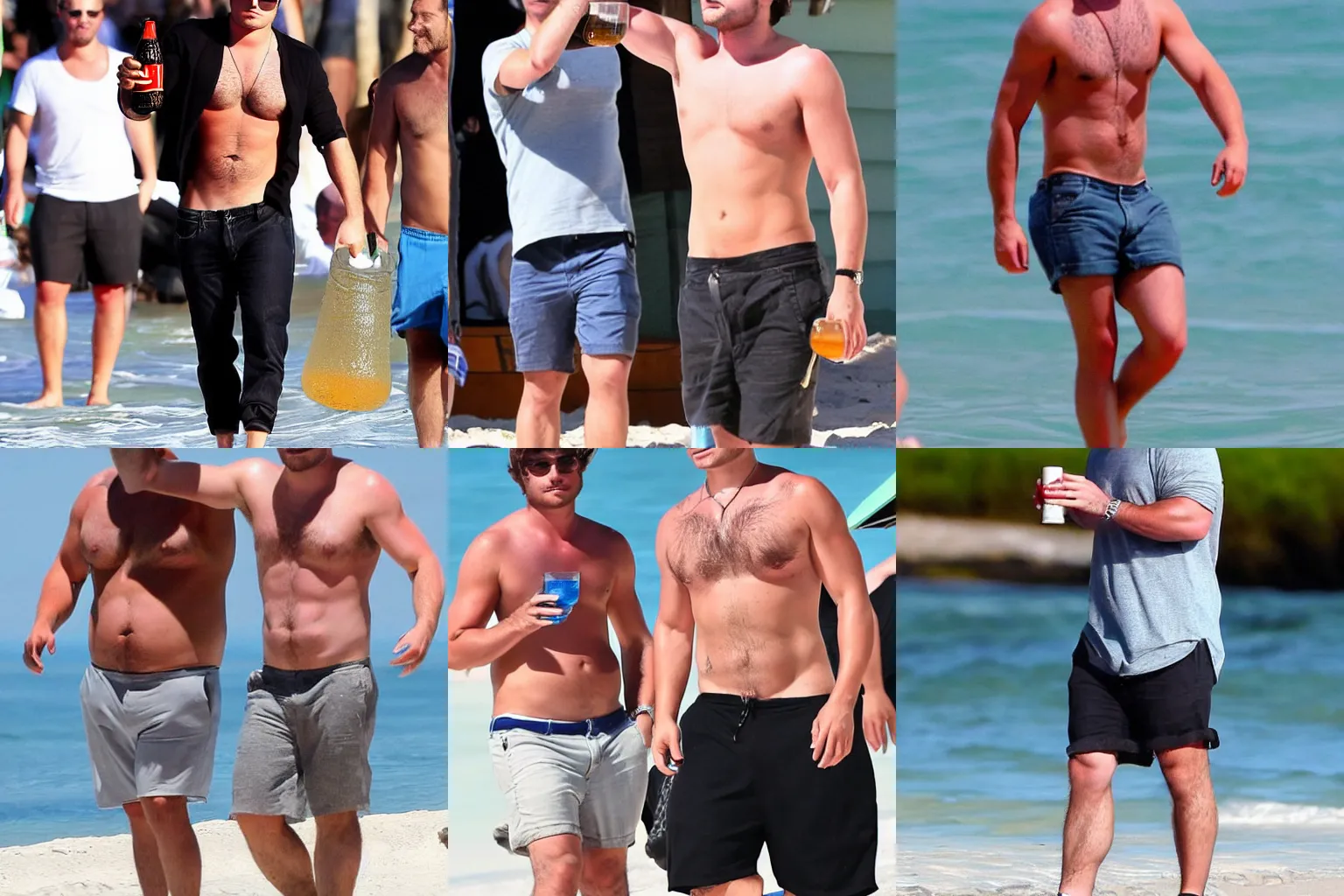 Prompt: fat zac efron drinking a beer after gaining weight in retirement, beach photo, chubby, tabloid photo, paparazzi, realistic, beach