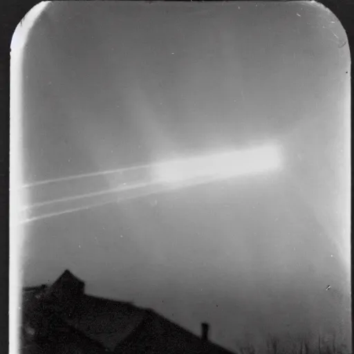 Image similar to a very bright flash in the sky, taken on a ww 2 camera, very high bloom ammount, realistic.