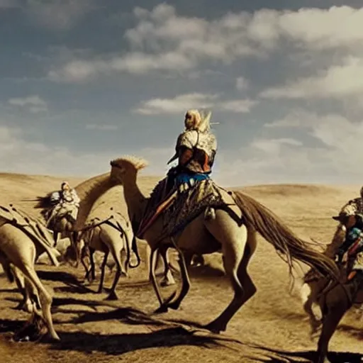 Prompt: the rohirrim riding into battle on camels at minas tirith