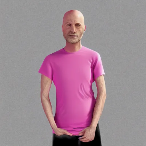 Image similar to bald skinny man in a pink t - shirt and pink pants, digital art