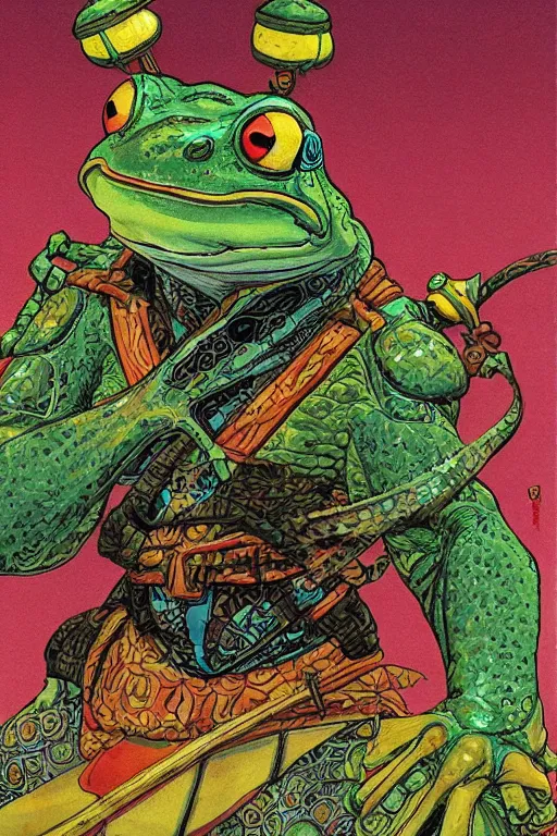 Prompt: Frog Samurai. concept art by James Gurney and Mœbius.