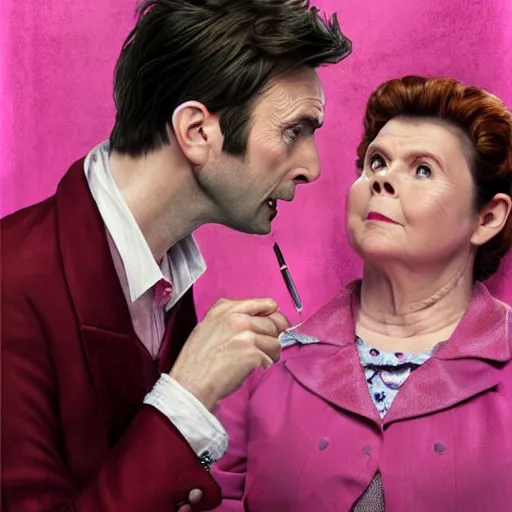 Prompt: david tennant and imelda staunton as dolores umbridge in pink clothes with the tenth doctor who, highly detailed, artstation, concept art, smooth, sharp focus, illustration, perfect face, art by willem claesz. heda, nikolay makovsky, jacek malczewski, arthur hughes, edward okun