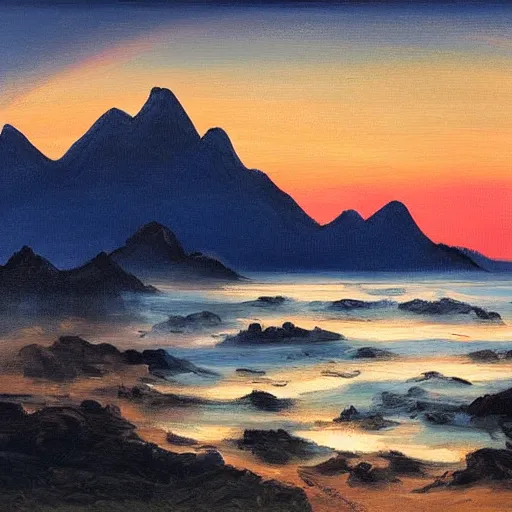 Image similar to mountains in the foreground, sea in the background at dawn, painting