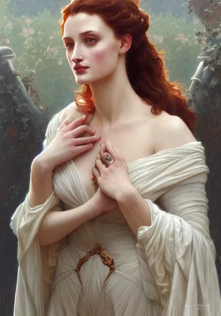 Prompt: sansa angeline jolie gessica chastain teeth, intricate, elegant, highly detailed, digital painting, artstation, concept art, smooth, sharp focus, illustration, art by artgerm and greg rutkowski and alphonse mucha and william - adolphe bouguereau