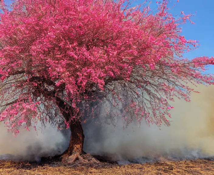 Prompt: 4 k hd, high detail photograph of blossoming tree in land on fire, shot with sigma f / 4. 2, 2 5 0 mm sharp lens, wide shot, consistent, volumetric lighting, high level texture render