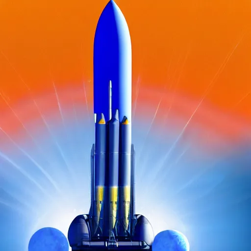 Image similar to Blue Ariane rocket with orange planet in background in space, photorealistic