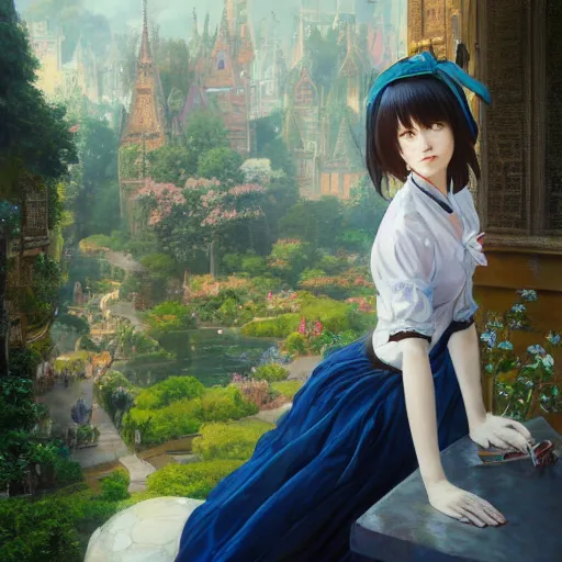 Image similar to a young woman in maid uniform by Stanley Artgerm Lau, WLOP, Rossdraws, Guweiz, Marc Simonetti, kyoani, krenz cushart, pixiv, background by James Jean and gustav klimt and John Marshall Gamble, 4k, volumetric lighting, french nouveau, trending on artstation, octane render, hyperrealistic