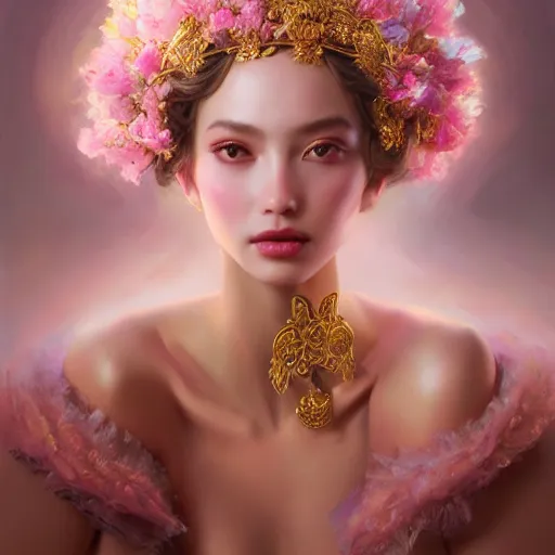 Prompt: expressive oil painting, of alluring european princess, seductive look, smooth glowing skin, glistening body, love, adoration, ornate headpiece made from flowers, glamour shot, by yoshitaka amano, by greg rutkowski, by jeremyg lipkinng, by artgerm, digital art, octane render, pink dress