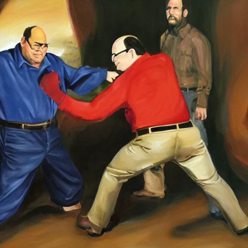 Image similar to An oil painting of george costanza fighting the covenant