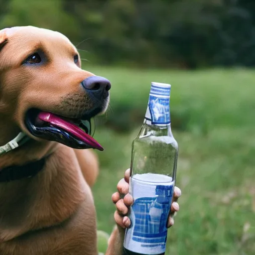 Prompt: photo realistic Labrador retriever carrying a bottle in his mouth