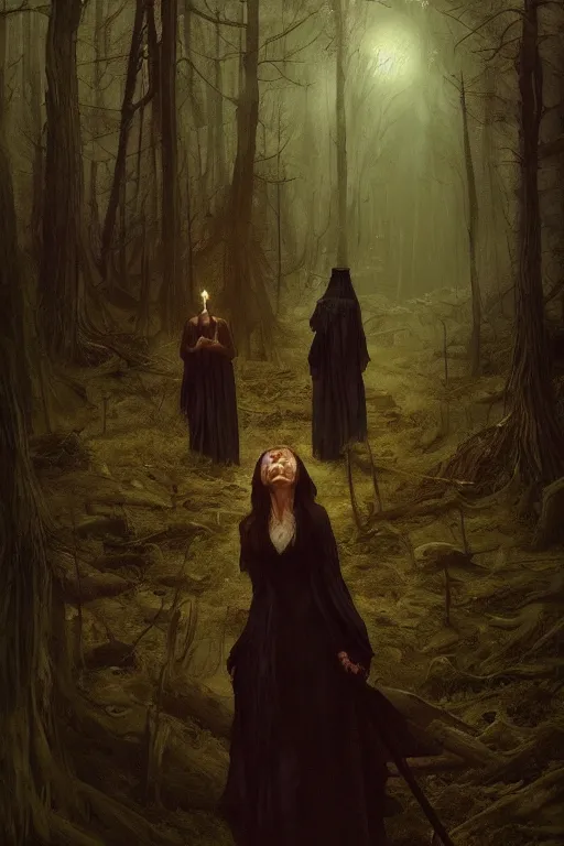 Image similar to Witch coven in the forest, horror, illustrated by Greg Rutkowski and Caspar David Friedrich., Trending on artstation, artstationHD, artstationHQ, 4k, 8k