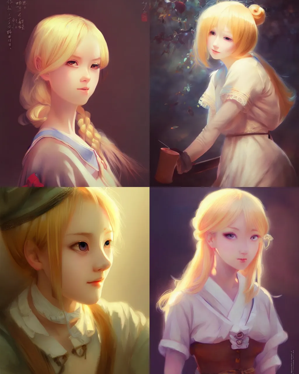 Prompt: girl with blonde hair and maid outfit, a beautiful portrait, japanese animation style, rim light, perfectly shaded, soft painting, art by lerapi and wenjun lin
