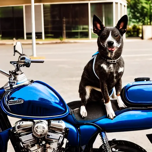 Prompt: blue heeler dog on a motorcycle, 8 k photography, blurred background of a wafflehouse