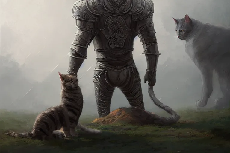 Prompt: knight standing before a giant cat, highly detailed, photorealistic, reflections, smooth, sharp focus, concept art, illustration, beautiful, geometric, trending on artstation, cinematic, featured on behance , artwork by WLOP and Tran, Ross