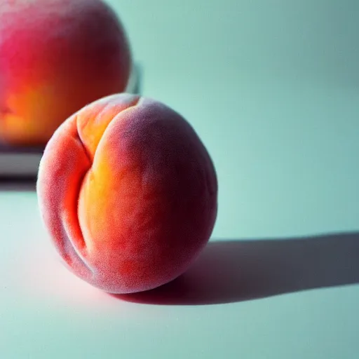 Prompt: a macro photo of a peach in shape of female bum, hyper realistic, hyper detailed, 35mm, very grainy film, pink volumetric studio lighting, bokeh, black background award winning shot, vogue magazine, cinematic, 8k, very closeup, elegant, tender, pastel