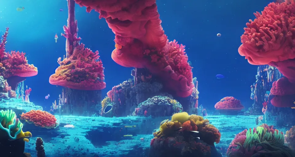 Prompt: a beautiful cinematic view of an underwater enchanting multicolored coral shrine surrounded by an exotic tropical reef, underneath a star filled night sky, warm coloured, gigantic pillars and flowers, maschinen krieger, beeple, film, atmospheric perspective, abzu, oil on canvas