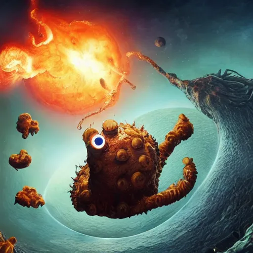 Image similar to eldritch horror bloody garfield in space, hd, 8 k, giant, epic, realistic photo, unreal engine, stars, prophecy, powerful, cinematic lighting, destroyed planet, debris, violent, sinister, ray tracing, dynamic, epic composition, dark, horrific, teeth, grotesque, monochrome drawing, hellscape