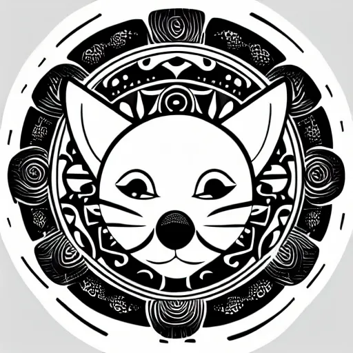 Image similar to tattoo sketch of a cat with one eye, smiling sun, maori ornament, polinesian style, minimalism, line art, vector