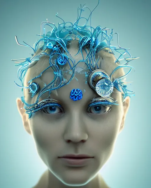 Image similar to natural light, soft focus photo of petri dish with a bacteriological culture and mold with little filaments under the microscope, octane render, tilt shift, polaeized light, blue bioluminescent plastics, smooth shiny metal, elaborate ornate head piece, piercings, skin textures, by annie leibovitz, paul lehr