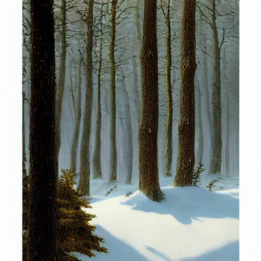 Prompt: caspar david friedrich style painting, winter forest, moose, spruce trees