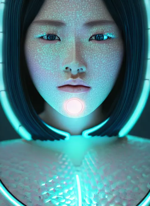 Prompt: female japan humanoid with freckled cheeks, cyber neon lighting, retro futurism, intricate futuristic led lit jewelry, retro futuristic glossy white latex swimwear, profile posing, hyper photorealistic, crispy quality, digital photography, trending in artstation, trending in pinterest, cinematic, 4 k ultra hd, art by pascal blanche, art by greg rutkowski,