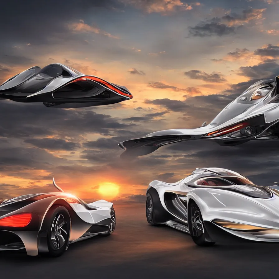 Prompt: exotic futuristic sportscar race designed by lotus pininfarina and vw design, circa 9, 0 0 0, sunset background, hdr, photorealistic, volumetric lighting, 8 k, bokeh