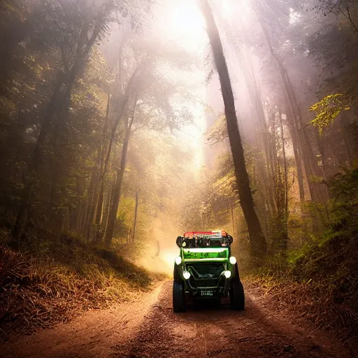 Image similar to amazing landscape photo of an off road buggy with a smiling driver inside inside a forest by marc adamus, beautiful dramatic lighting