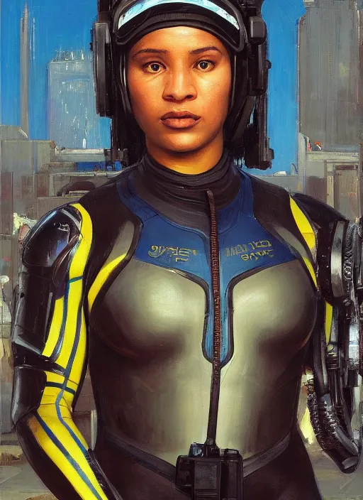 Prompt: Sgt. Sophia Igwe. Strong cyberpunk female USN Assault mech pilot with cyberpunk eyepiece and wearing a olympic wetsuit (cyberpunk 2077, bladerunner 2049). gorgeous face. Iranian orientalist portrait by john william waterhouse and Edwin Longsden Long and Theodore Ralli and Nasreddine Dinet, oil on canvas. Cinematic, hyper realism, realistic proportions, dramatic lighting, high detail 4k