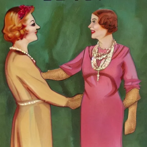 Prompt: a medium full shot, german and eastern european mixture kodachrome slide depicting a queen with tan skin, short, rippling dark cinnamon hair, and emerald coloured eyes, having a meeting with the prime minister. she is depicted in a vintage historical fantasy 1 9 3 2 life magazine photograph wearing a pink dress with green accessories.