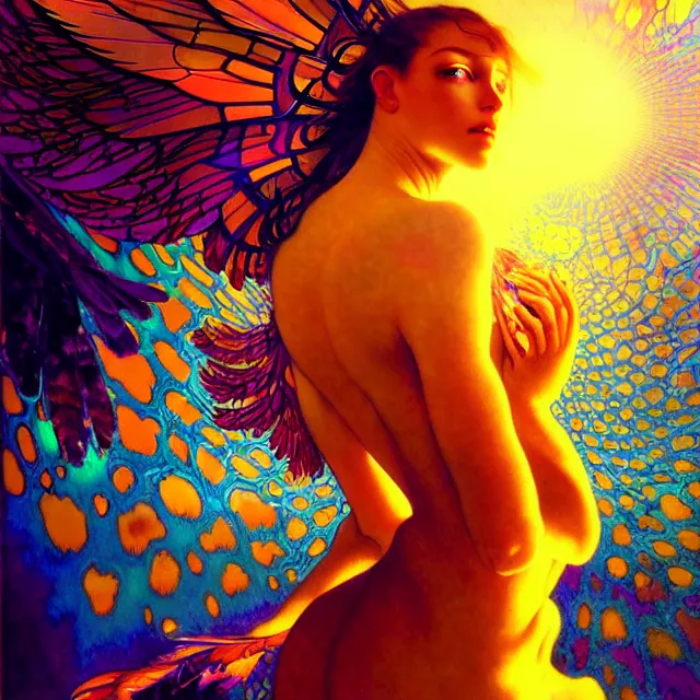 Prompt: psychedelic transcendent cyborg mind bending psychedelic wings of glossy liquid honey flowing like kaleidoscopic translucent holograph, lsd feathers, honey wind, enlightenment, high contrast dappled lighting, refracted sunset, highly detailed, concept art, art by collier, albert aublet, krenz cushart, artem demura, alphonse mucha