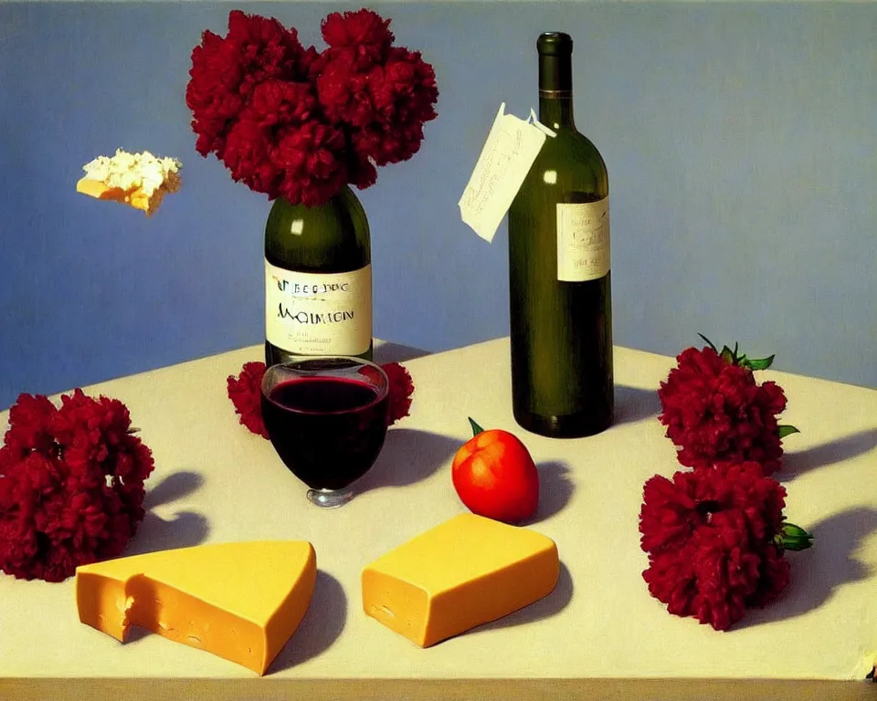 Image similar to an achingly beautiful still life featuring blooming flowers, tillamook cheese, and red wine by Raphael, Hopper, and Rene Magritte. detailed, romantic, enchanting, trending on artstation.