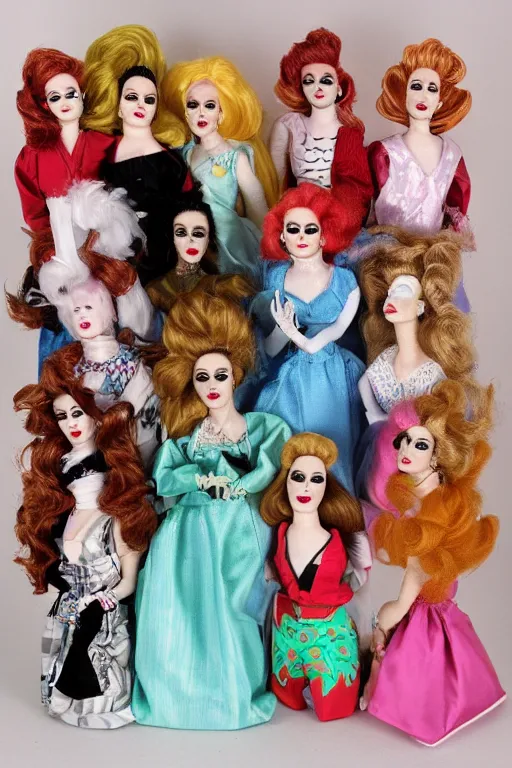 Image similar to drag queen ceramic dolls in creepy attic