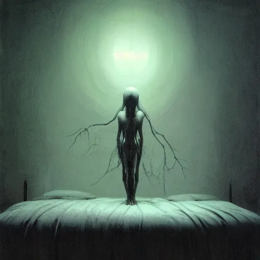 Image similar to demonic alien with long fingers at the foot of the bed in a dark room, beksinski, dariusz zawadzki, very coherent symmetrical artwork, cinematic, hyper realism, high detail, octane render, 8 k