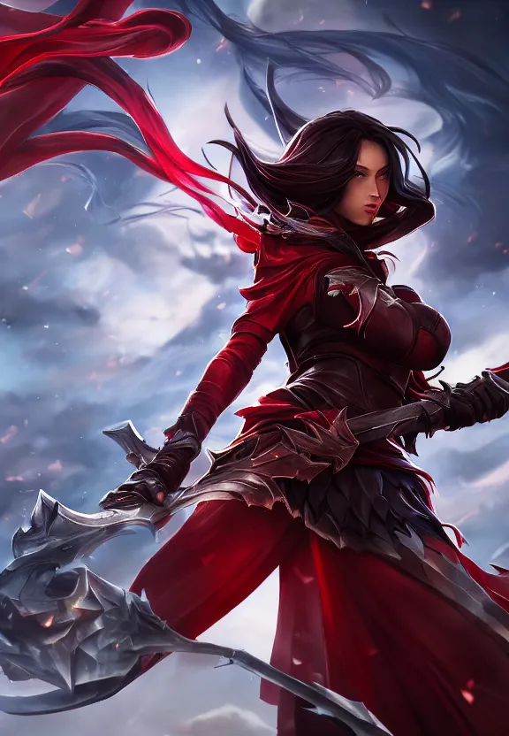 Image similar to a beautiful fierce long black haired woman wearing red dress wielding black sword posing heroically, heavenly moonlit clouds background, close up shot, perfect hyperdetailed face, league of legends style, splash art, highly detailed, vray, artstation, extremely detailed woman, stunning volumetric lighting, hyper realism, fantasy 4k