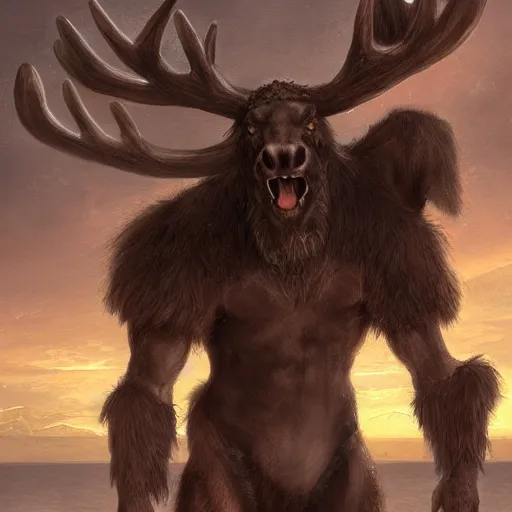 Image similar to anthropomorphic moose barbarian humanoid by wlop, pirate ship, sea, fantasy