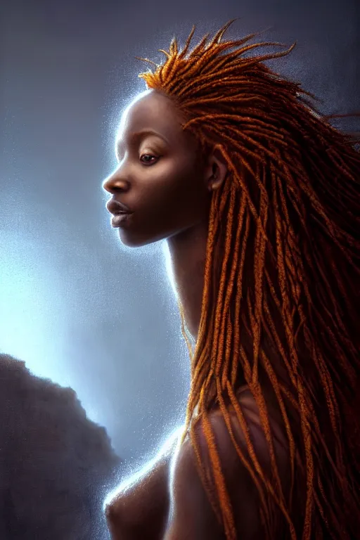 Prompt: A beautiful African Goddess with long flowing ginger hair on a ledge od deep abyss fantasy, intricate, elegant, highly detailed, D&D, digital painting, artstation, concept art, matte painting, sharp focus, illustration, extremely moody lighting, glowing light and shadow, atmospheric, shadowy, cinematic, in the style of Greg Rutkowski and artemisia gentileschi and Alphonse Mucha