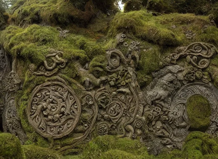 Prompt: jim henson's labyrinth. carved stone overgrown with moss. stonewalls creatures, plants, and social situations will be easier. by edgar maxence and caravaggio and michael whelan and delacroix style, artistic, intricate painting, cinematic lighting, hyper realistic, extremely detailed, 8 k resolution, establishing shot, dramatic lighting