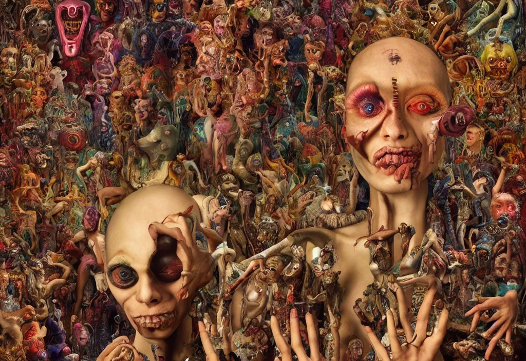 Prompt: 35mm color, humans enslaved by artificial intelligence, portrait, fashion shoot, freak show, weird, random, strange, hyper detailed, photorealistic, interesting, by David la chapelle and karol bak and david cronenberg and WETA digital, art by Ivan Bilibin, Dariusz Zawadzki , ID magazine, octane rendering, cinematic, hyperrealism, octane rendering, 8k, depth of field, bokeh.