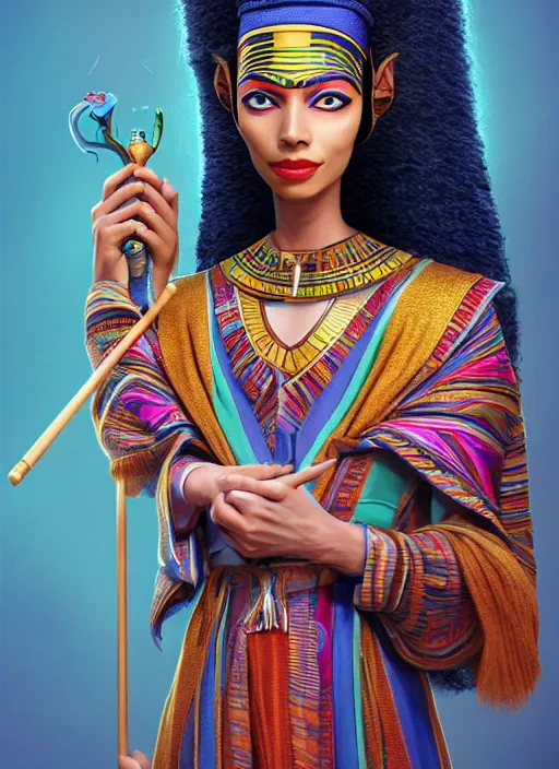 Prompt: an anthropomorphic beautiful female wizard of pharaoh holding a staff portrait wearing colourful robe, fine art, award winning, intricate, elegant, sharp focus, octane render, hyperrealistic, cinematic lighting, highly detailed, digital painting, 8 k concept art, art by jamie hewlett and z. w. gu, masterpiece, trending on artstation, 8 k