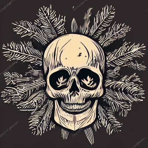 Image similar to dark death metal themed vector illustration for a record label, trees. forest, spikes, skull, microphone, skull, award winning, grunge, iconic, golden ratio