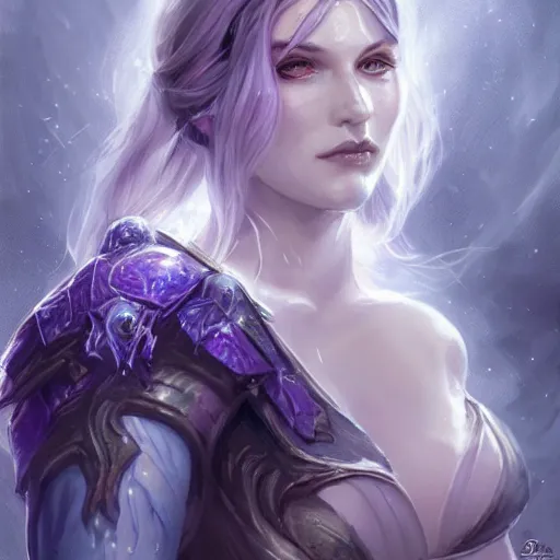 Image similar to Ice Sorceress, arrogant, Magic the Gathering, fantasy, portrait, highly detailed, digital painting, artstation, concept art, sharp focus, illustration, art by artgerm and livia prima and magali villeneuve, blue white and purple color scheme