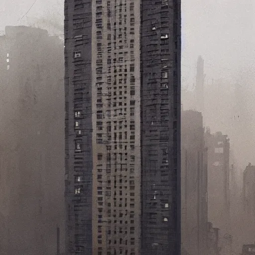 Prompt: illustration of a tall apartment building in a city made of concrete, dramatic lighting, illustration by Greg rutkowski, Shaun Tan art, yoji shinkawa, 4k, digital art, concept art, trending on artstation