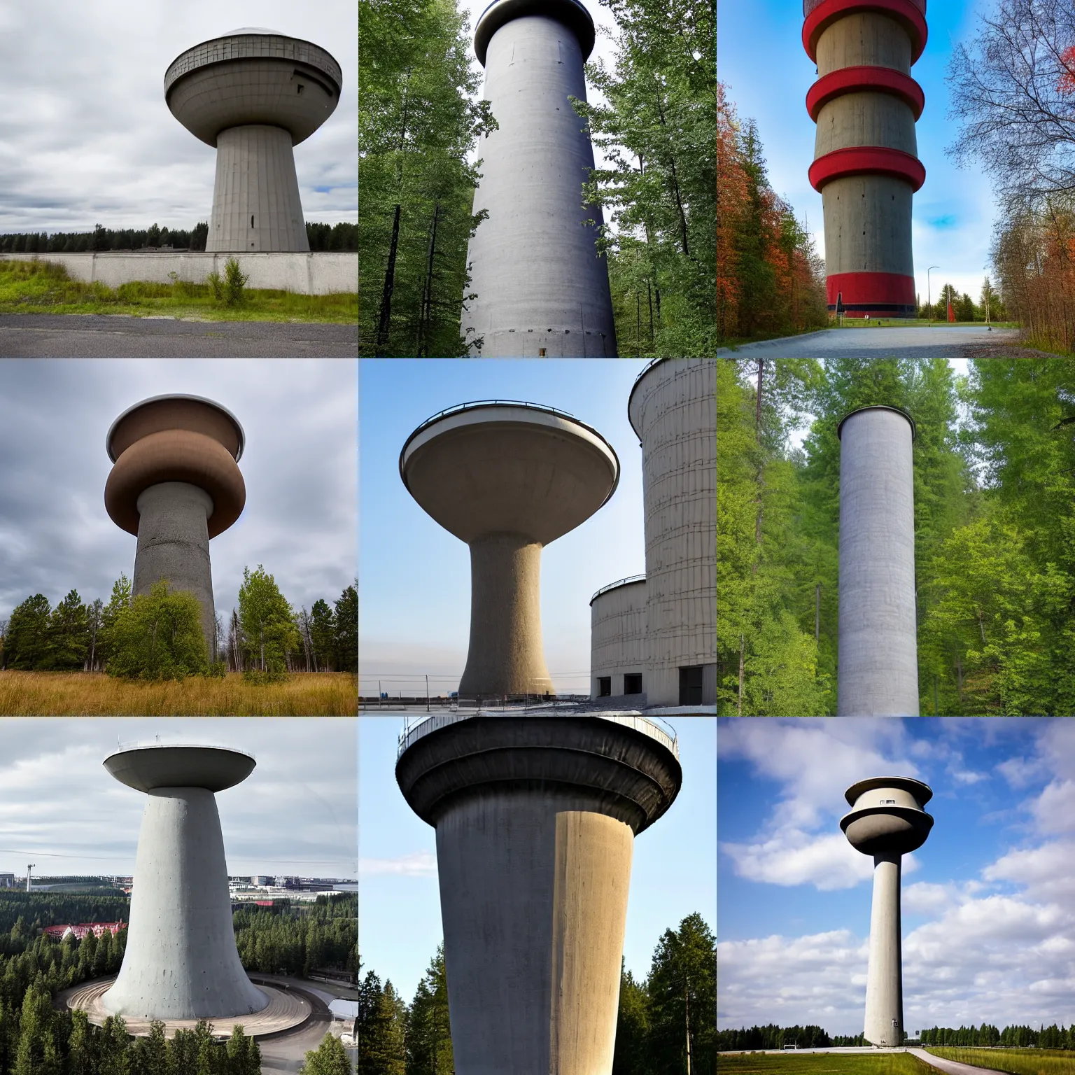 Prompt: the mushroom - shaped concrete water tower of roihuvuori in helsinki, finland was built in the 1 9 7 0 s. it is 5 2 metres ( 1 7 1 ft ) high and can hold around 1 2, 0 0 0 cubic metres ( 4 2 0, 0 0 0 cu ft ) of water.