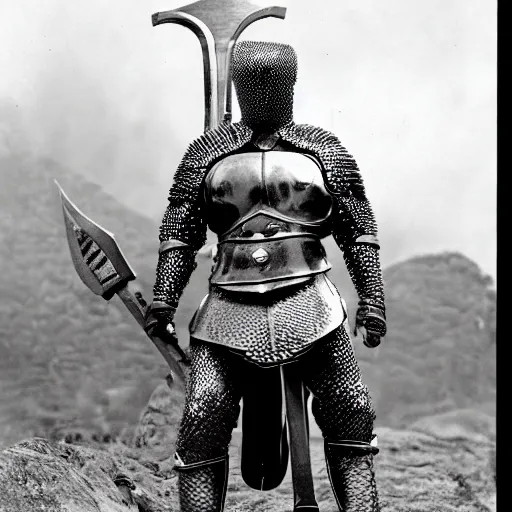 Prompt: a cyclops wearing chain mail armor and holding a massive battle axe, high resolution film still