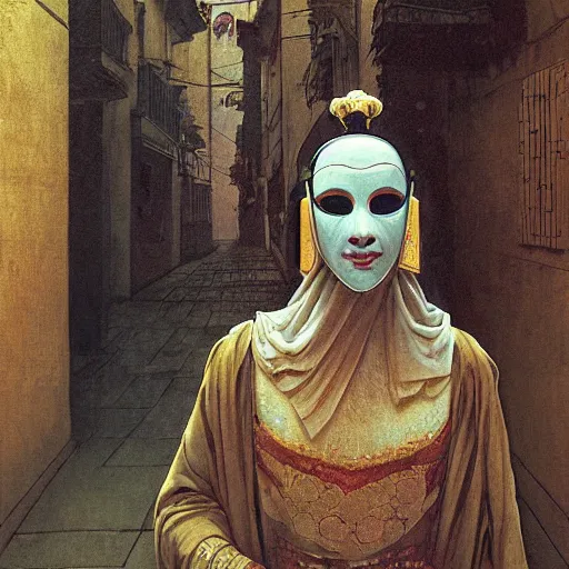 Image similar to portrait of masked Byzantine Tang Dynasty dancer on the art deco streets of the Undying Empire city of ya-Sattra during the Festival of Masks, award-winning realistic sci-fi concept art by Beksinski, Bruegel, Greg Rutkowski, Alphonse Mucha, and Yoshitaka Amano