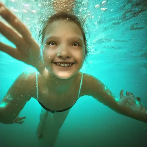 Prompt: girl with bioluminescent skin swimming underwater